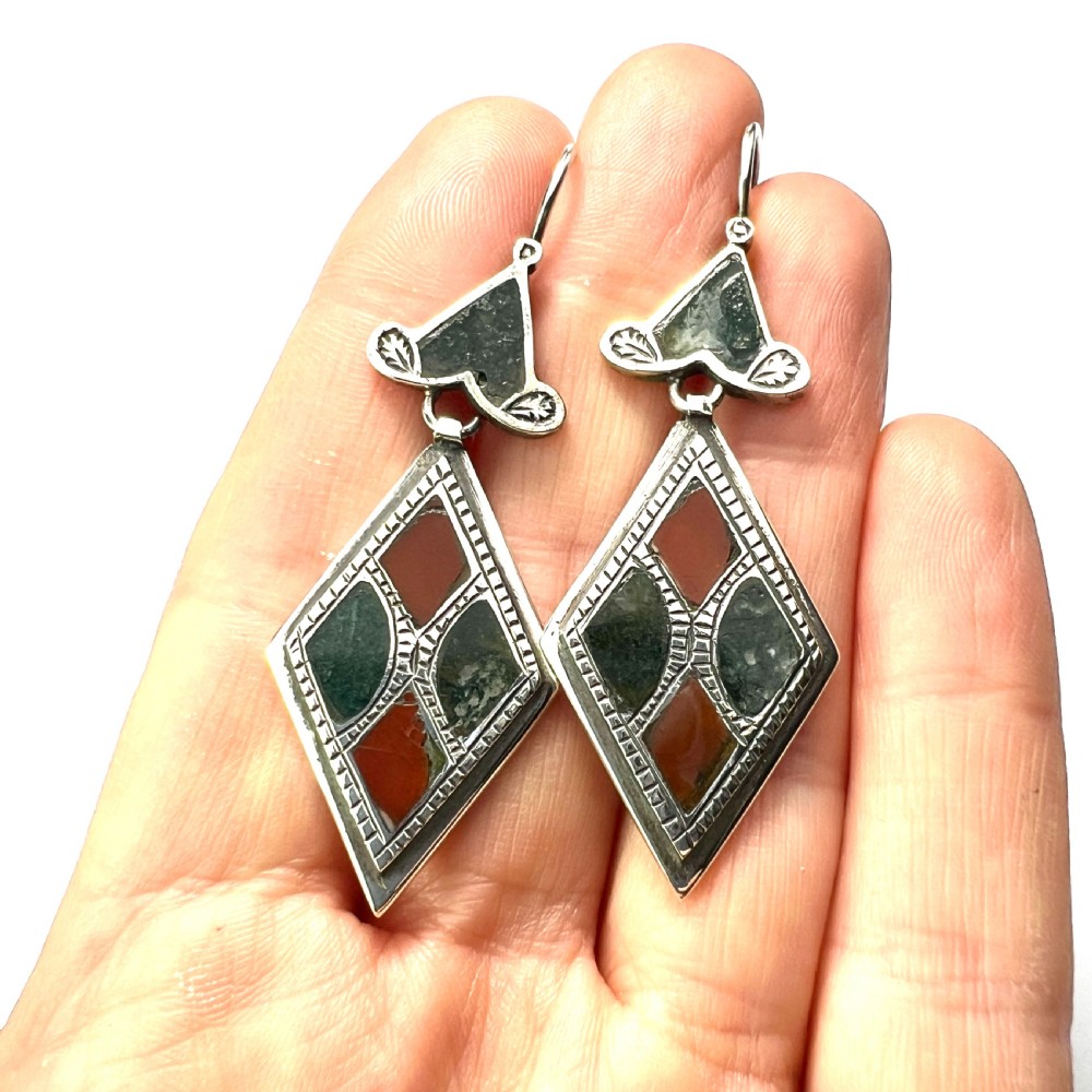 Large Victorian Scottish Silver Agate Earrings View VII