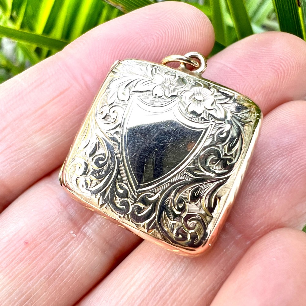Edwardian Solid 9CT Gold Square Locket Pendant View V