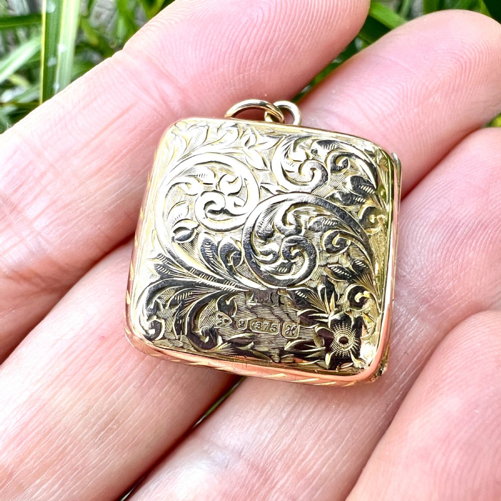 Edwardian Solid 9CT Gold Square Locket Pendant View VI