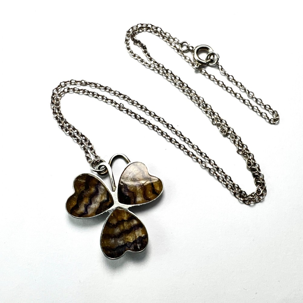 Rare Antique Silver Blue John Lucky Clover Necklace View III
