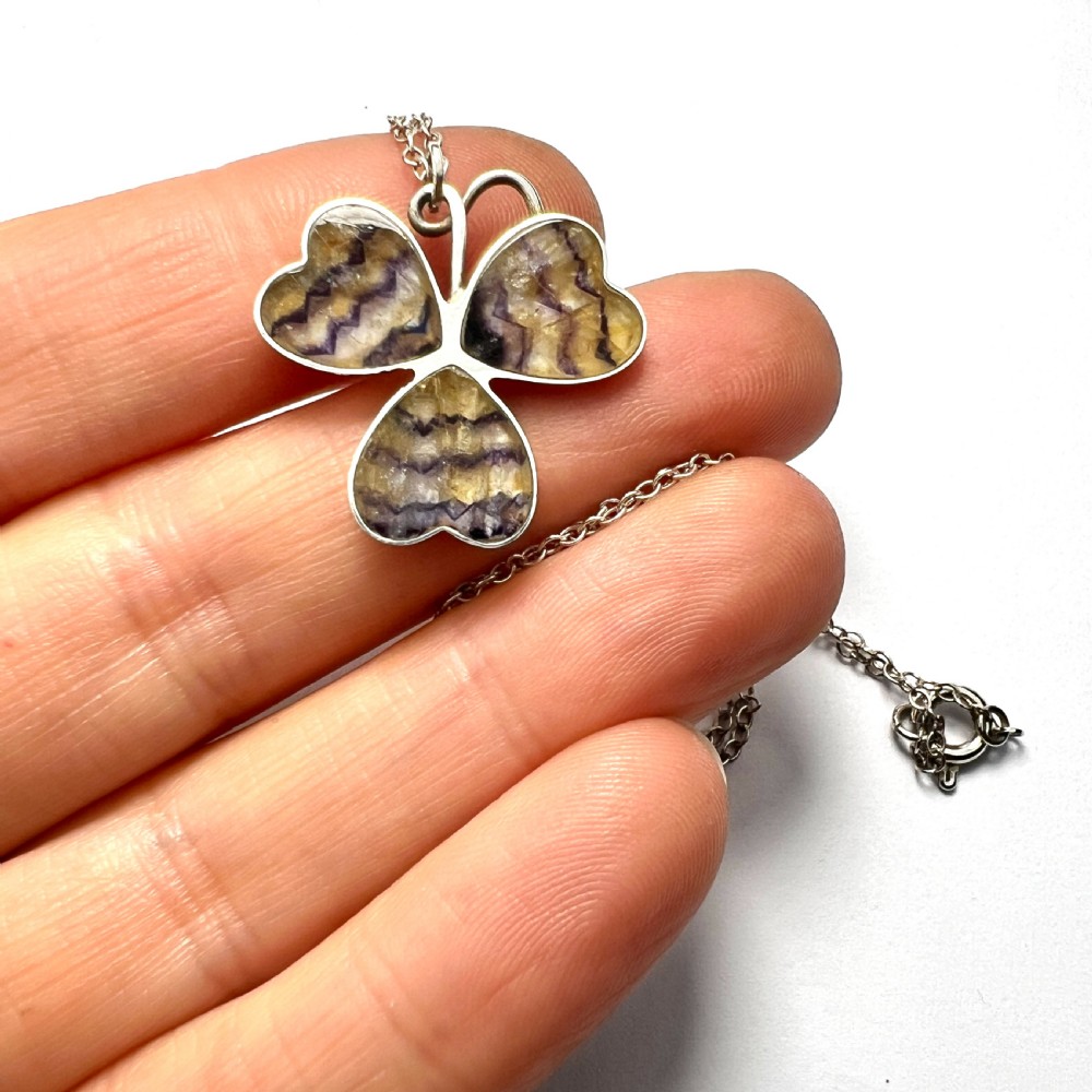 Rare Antique Silver Blue John Lucky Clover Necklace View VIII