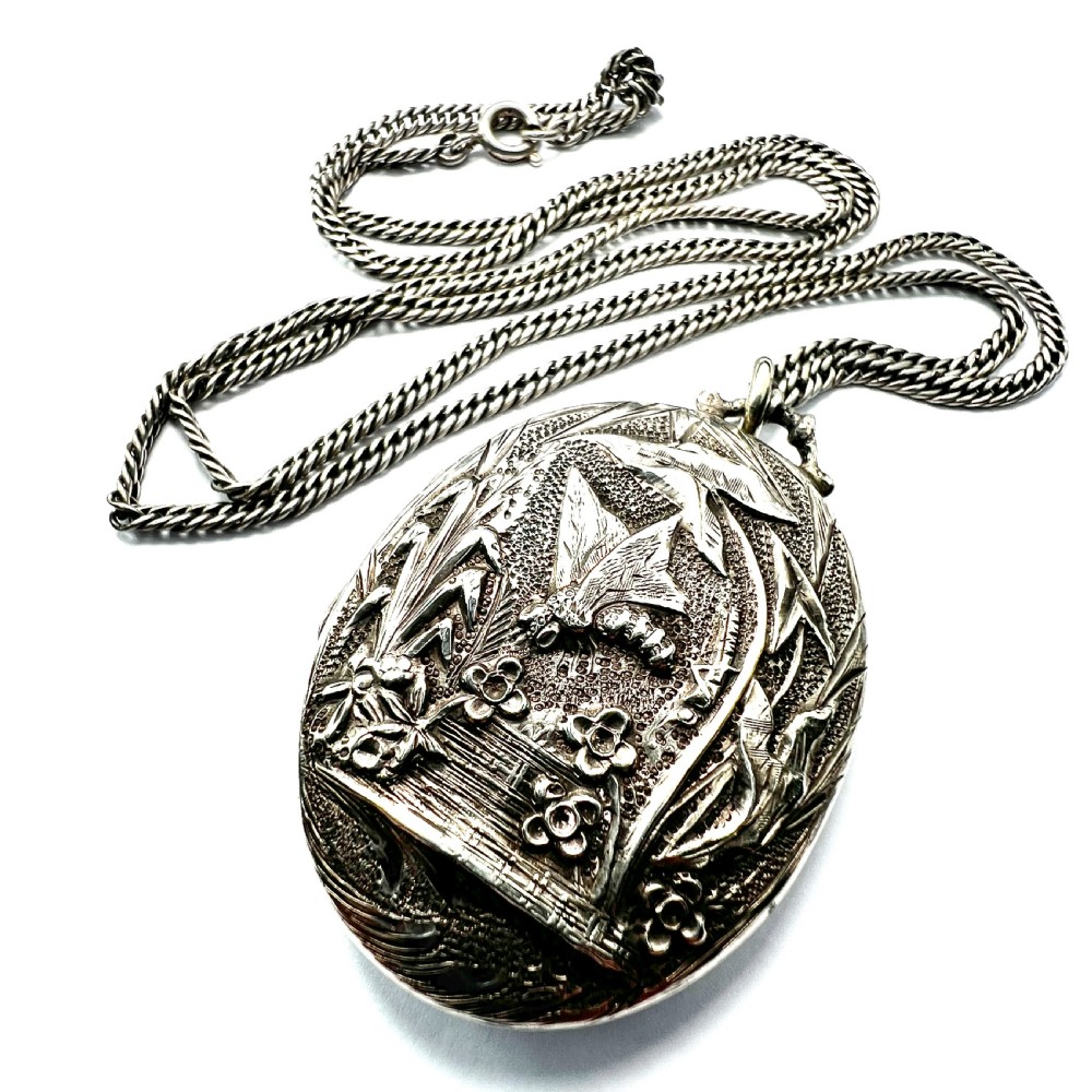 1882 Victorian Silver Dragonfly Locket Necklace