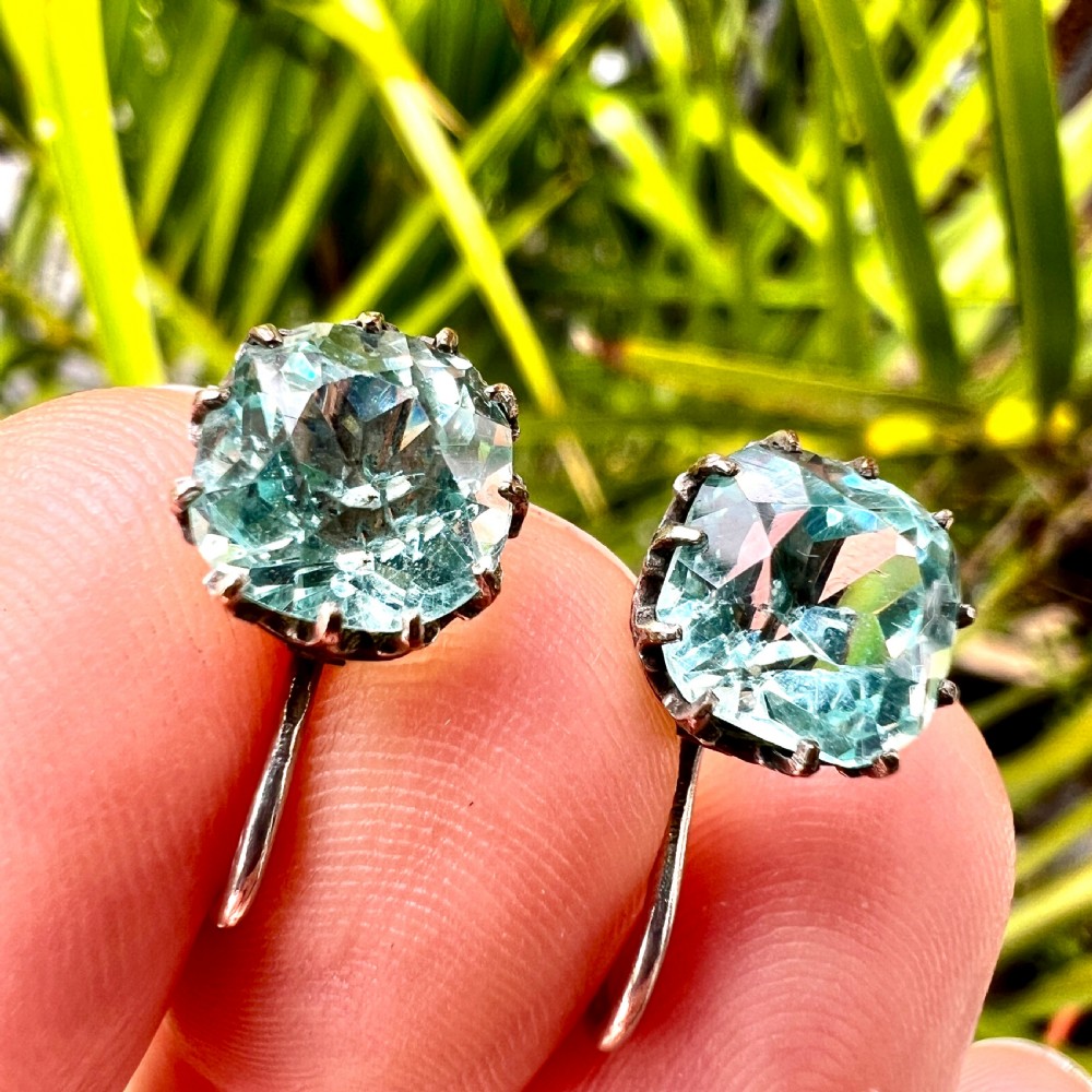 Antique Cushion-cut Aquamarine Paste Silver Screwback Earrings View II