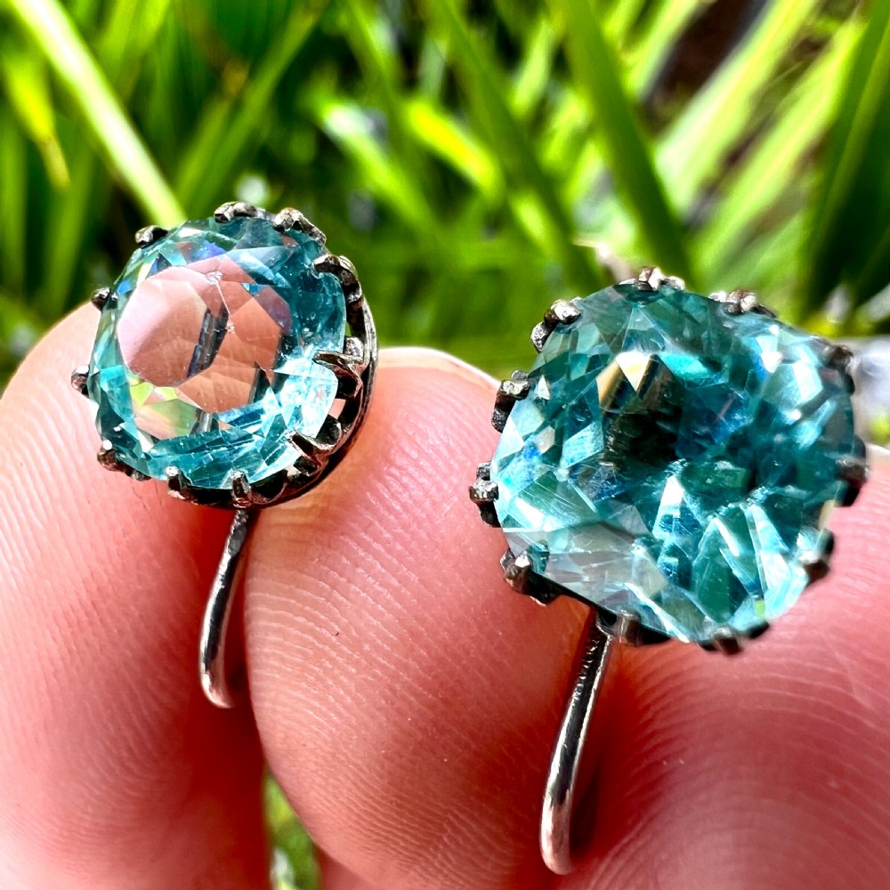 Antique Cushion-cut Aquamarine Paste Silver Screwback Earrings View III