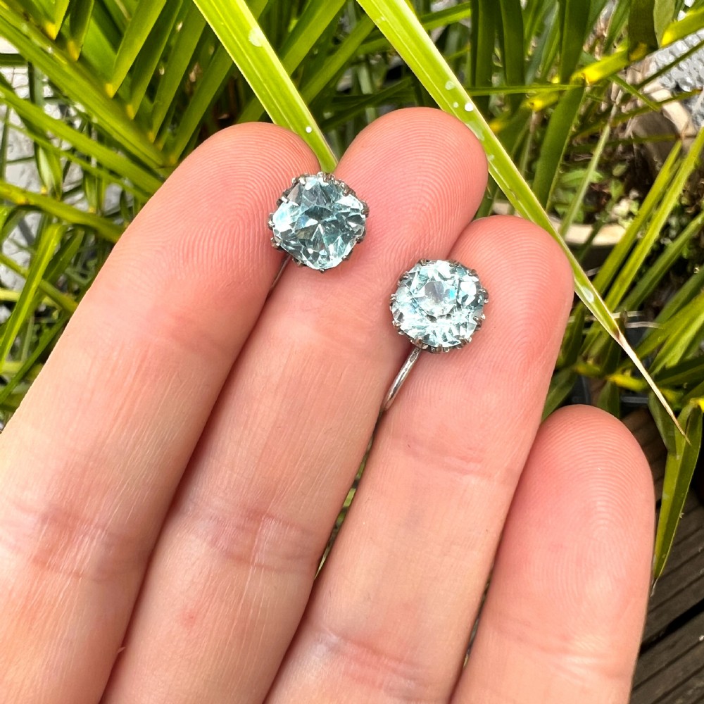Antique Cushion-cut Aquamarine Paste Silver Screwback Earrings View IV