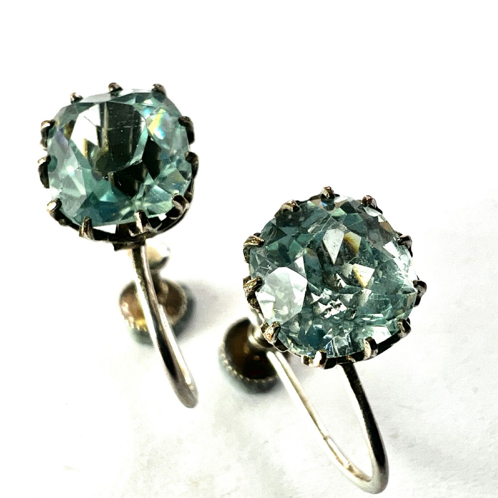 Antique Cushion-cut Aquamarine Paste Silver Screwback Earrings View V
