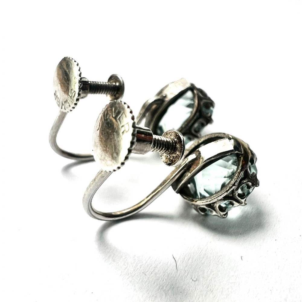 Antique Cushion-cut Aquamarine Paste Silver Screwback Earrings View VI