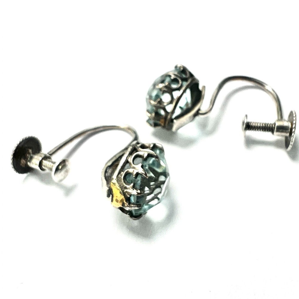 Antique Cushion-cut Aquamarine Paste Silver Screwback Earrings View VII