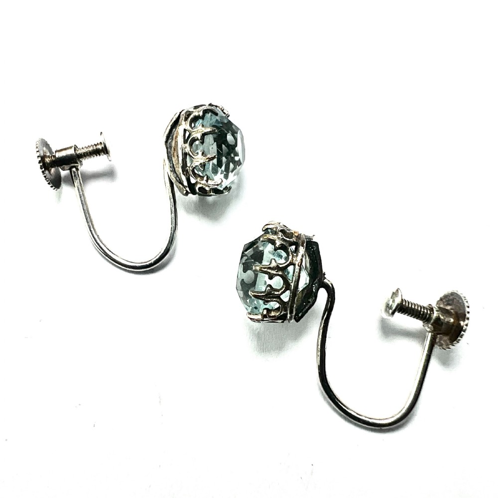 Antique Cushion-cut Aquamarine Paste Silver Screwback Earrings View VIII