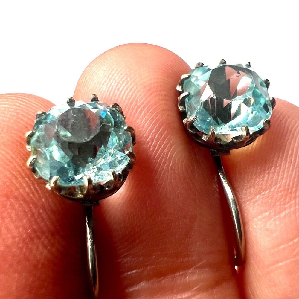 Antique Cushion-cut Aquamarine Paste Silver Screwback Earrings View X