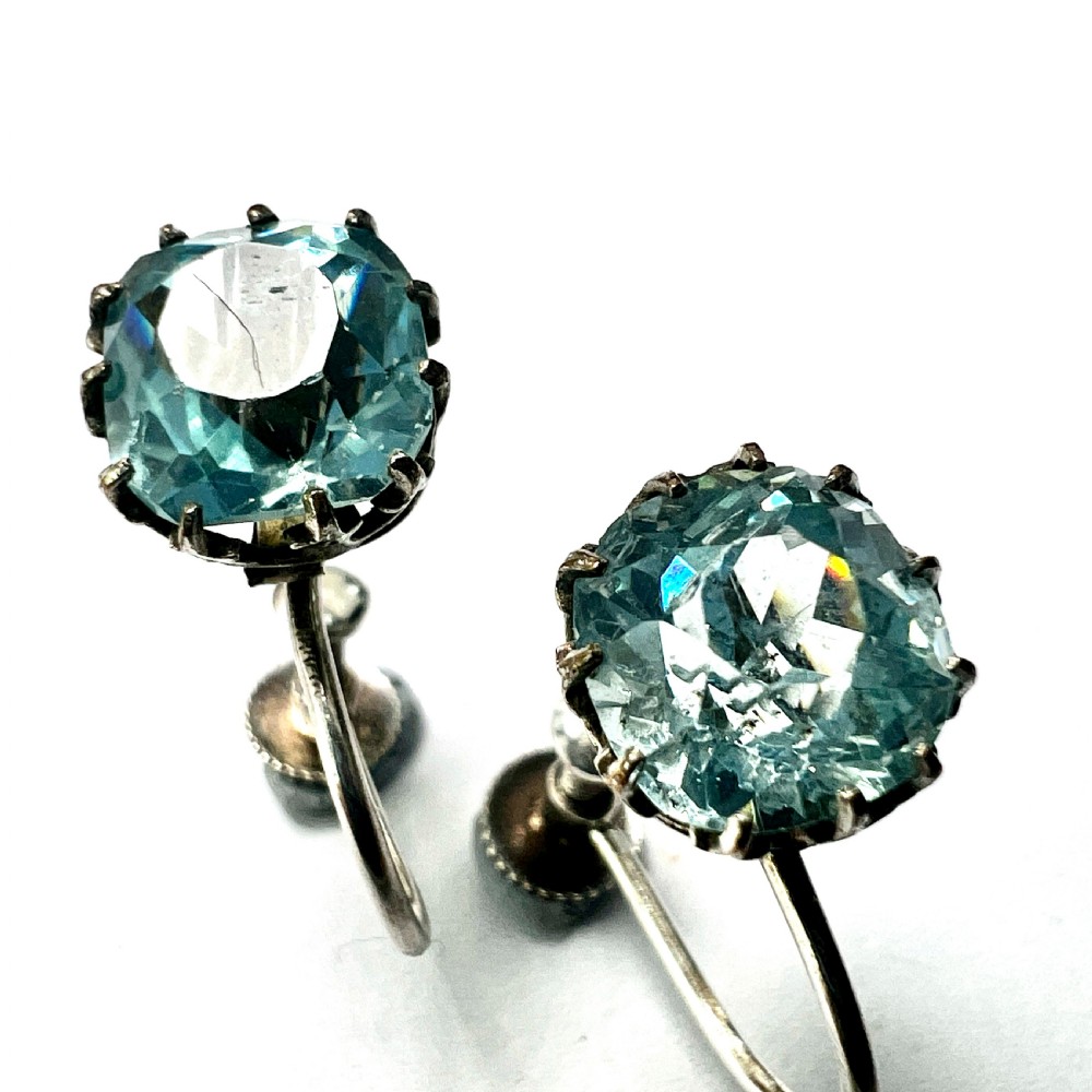 Antique Cushion-cut Aquamarine Paste Silver Screwback Earrings View XI