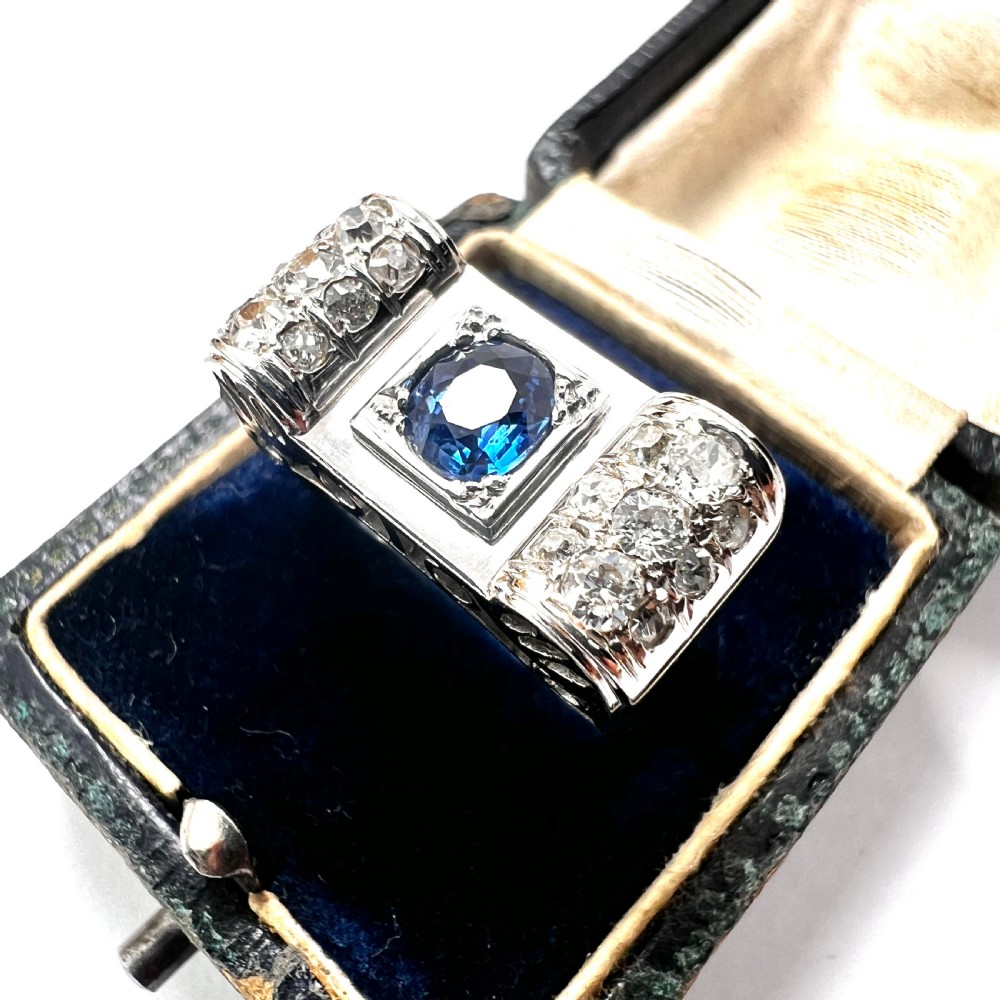 1940s 14CT Gold Vintage Sapphire and Diamond Tank Ring View VI