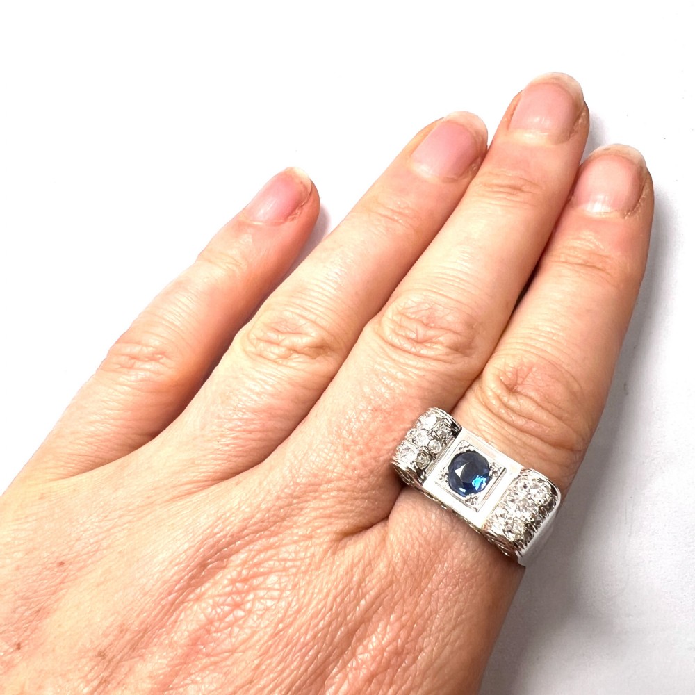 1940s 14CT Gold Vintage Sapphire and Diamond Tank Ring View VIII