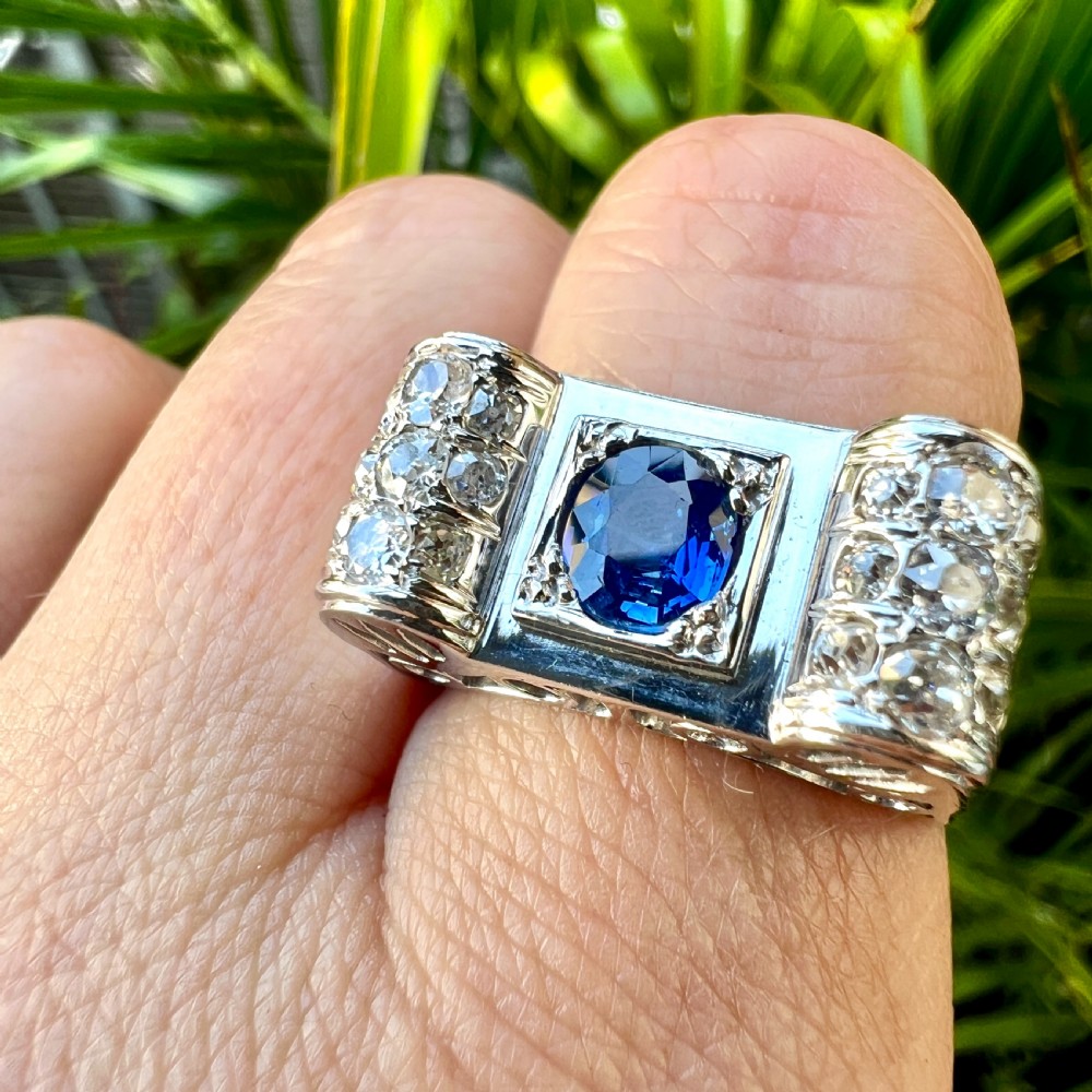 1940s 14CT Gold Vintage Sapphire and Diamond Tank Ring View IX