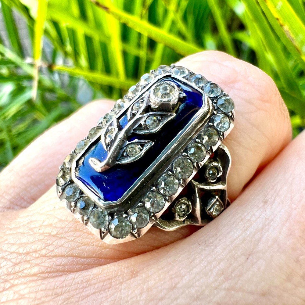 Antique Blue Enamel Gold and Silver Paste Flower Ring View VI