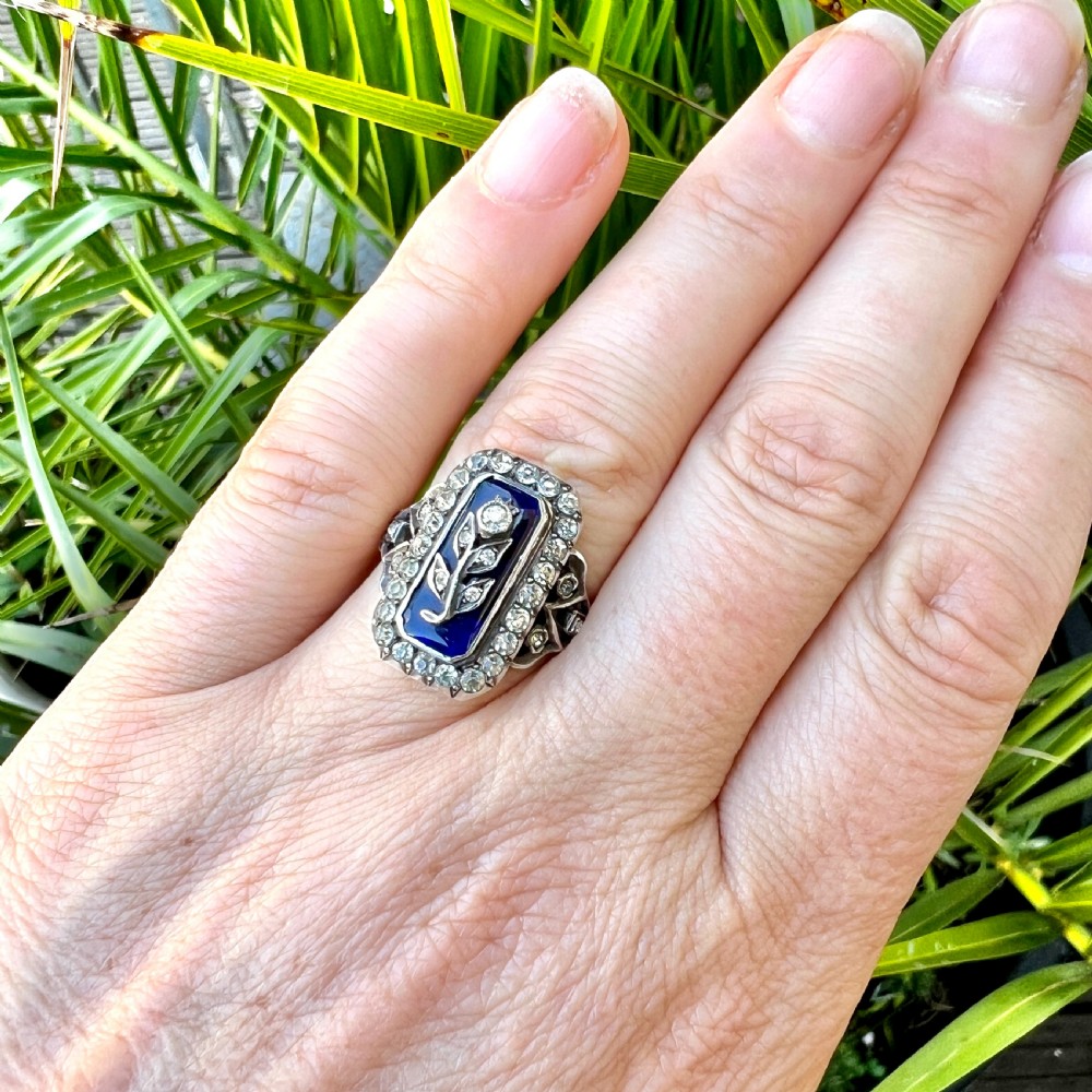 Antique Blue Enamel Gold and Silver Paste Flower Ring View VII
