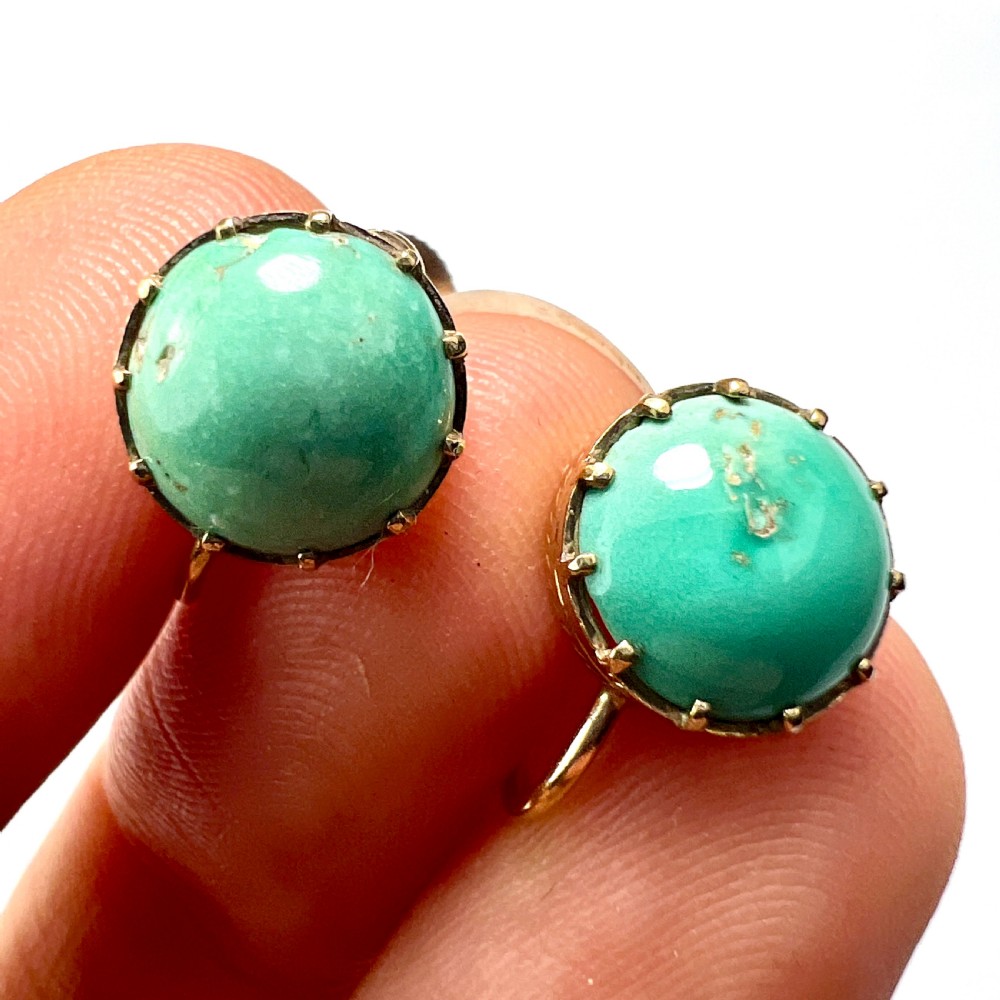 Antique Turquoise 9CT Gold Screw Back Earrings View VI