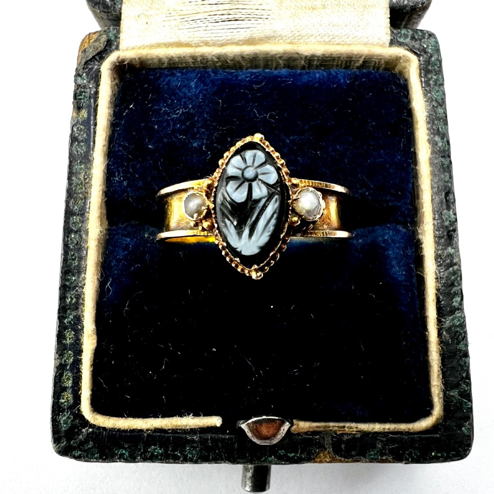 Victorian 15CT Gold Sardonyx and Pearl Forget me Not Memorial Ring