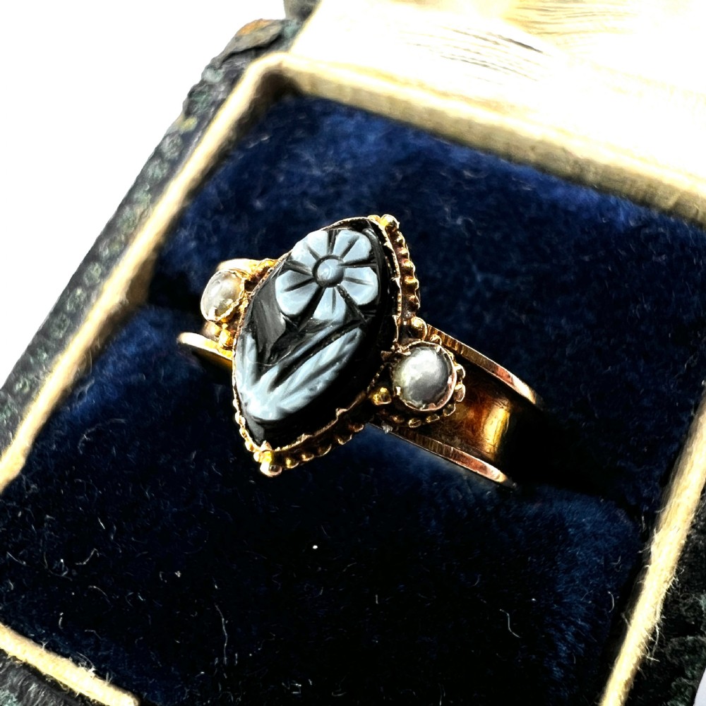 Victorian 15CT Gold Sardonyx and Pearl Forget me Not Memorial Ring View II