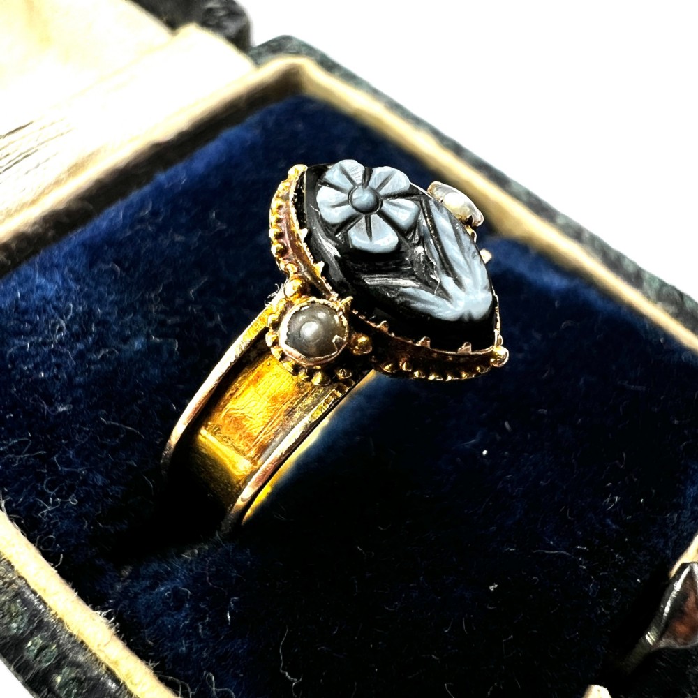 Victorian 15CT Gold Sardonyx and Pearl Forget me Not Memorial Ring View IV