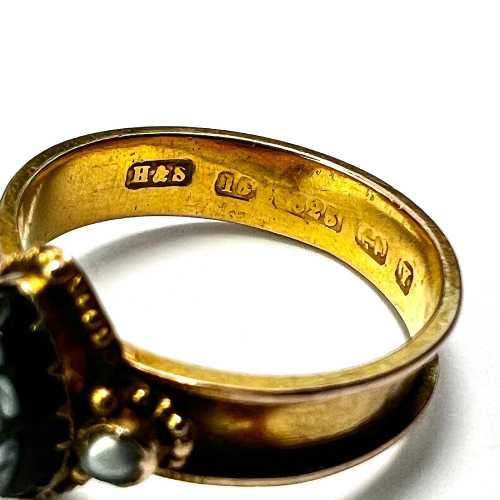 Victorian 15CT Gold Sardonyx and Pearl Forget me Not Memorial Ring View VIII