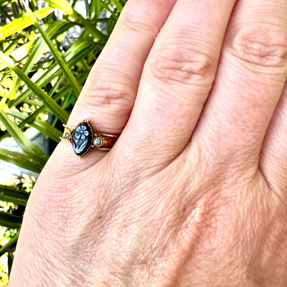 Victorian 15CT Gold Sardonyx and Pearl Forget me Not Memorial Ring View IX