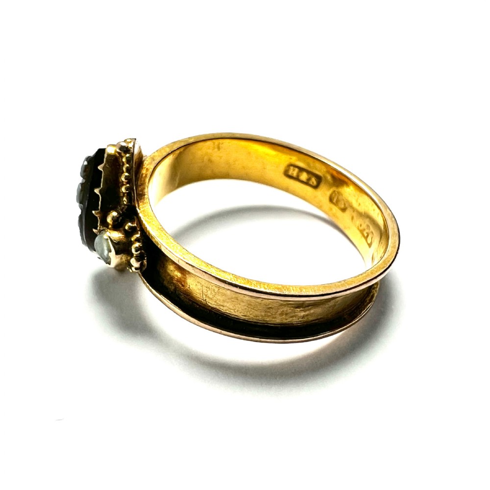 Victorian 15CT Gold Sardonyx and Pearl Forget me Not Memorial Ring View X