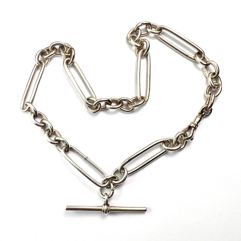 Victorian Sterling Silver Albert Necklace Chain with Dog Clip and T Bar