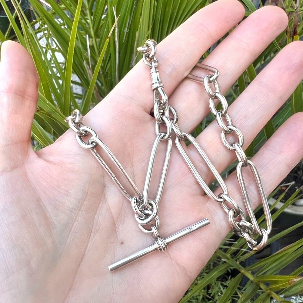 Victorian Sterling Silver Albert Necklace Chain with Dog Clip and T Bar View VII