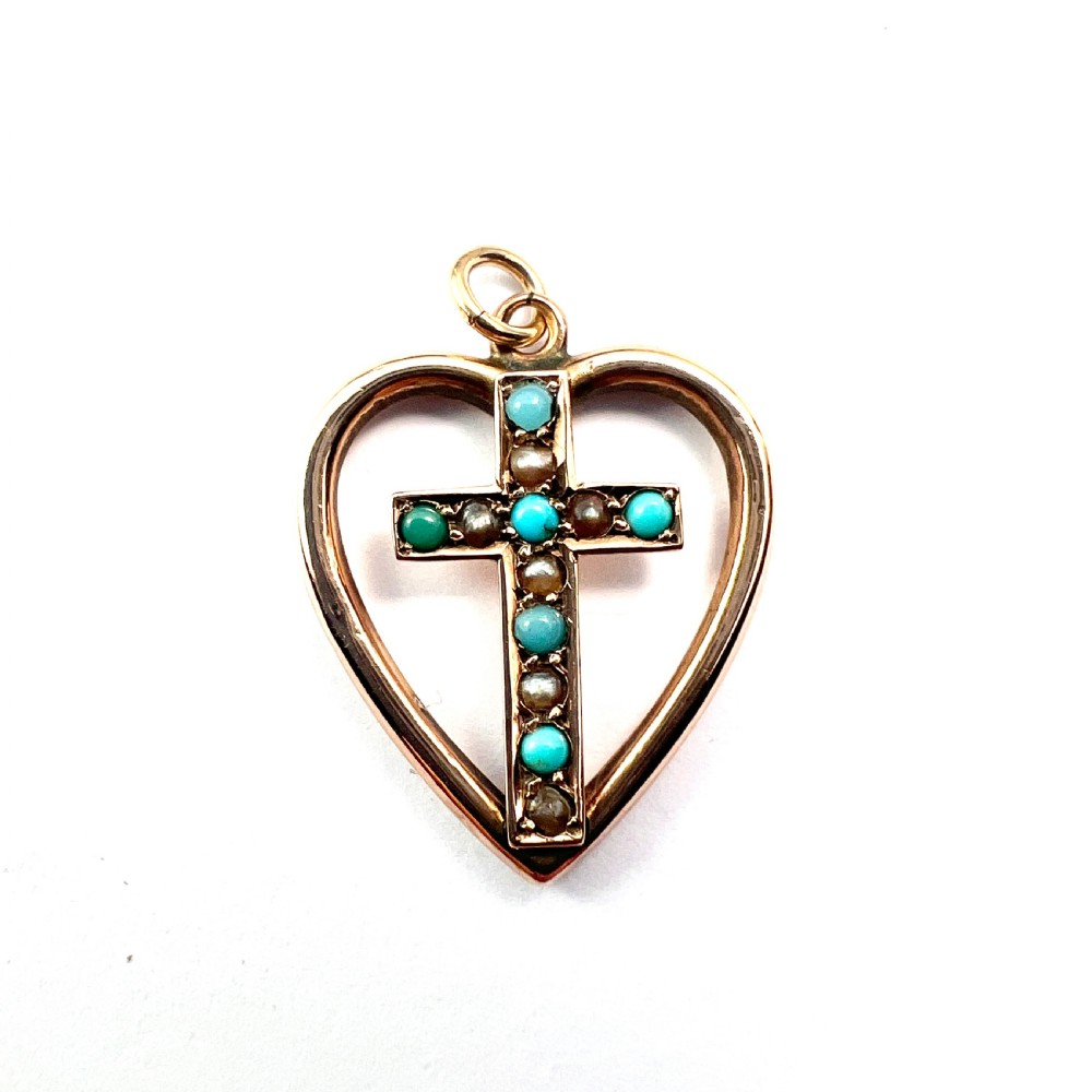 Victorian Turquoise and Pearl Heart Cross Pendant