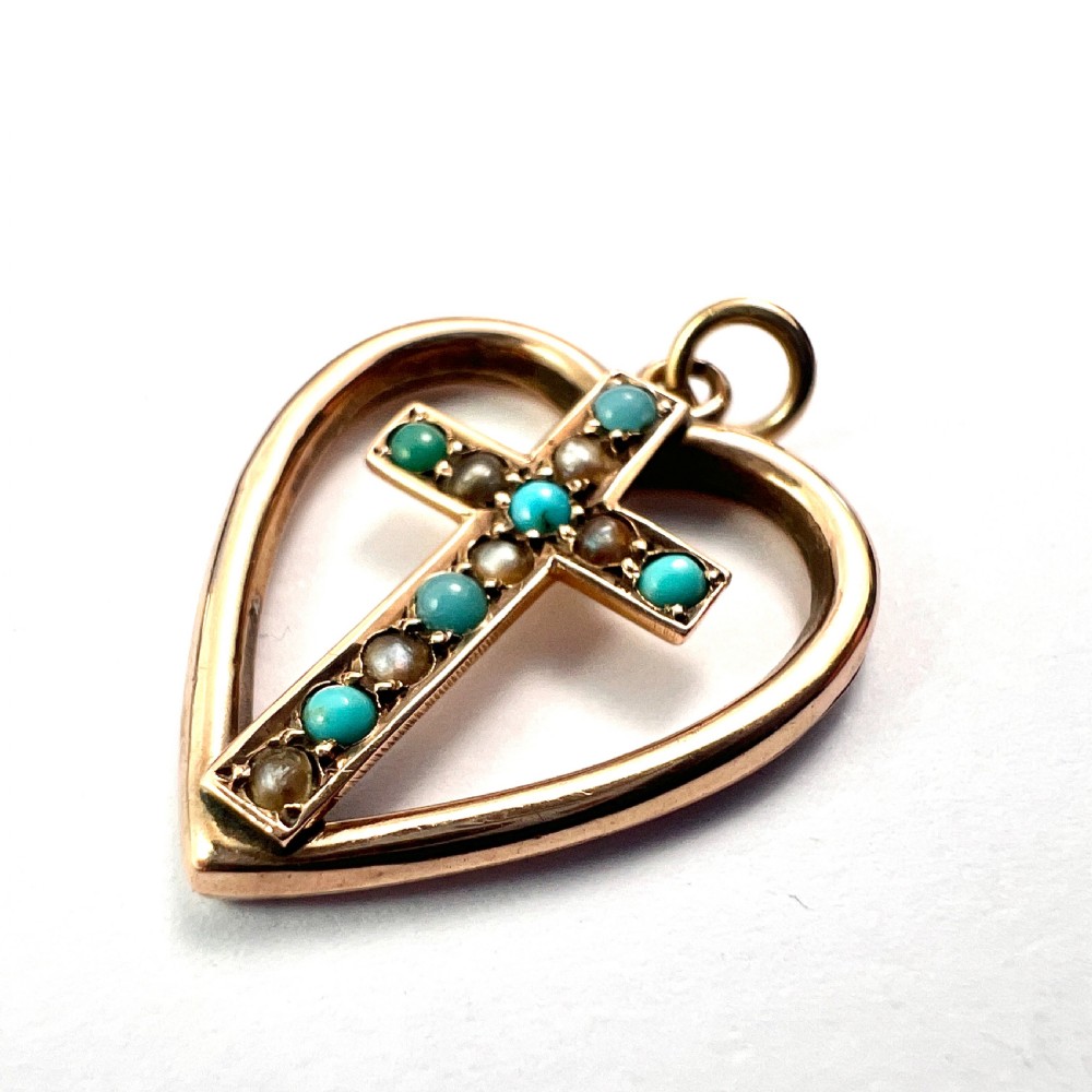 Victorian Turquoise and Pearl Heart Cross Pendant View II