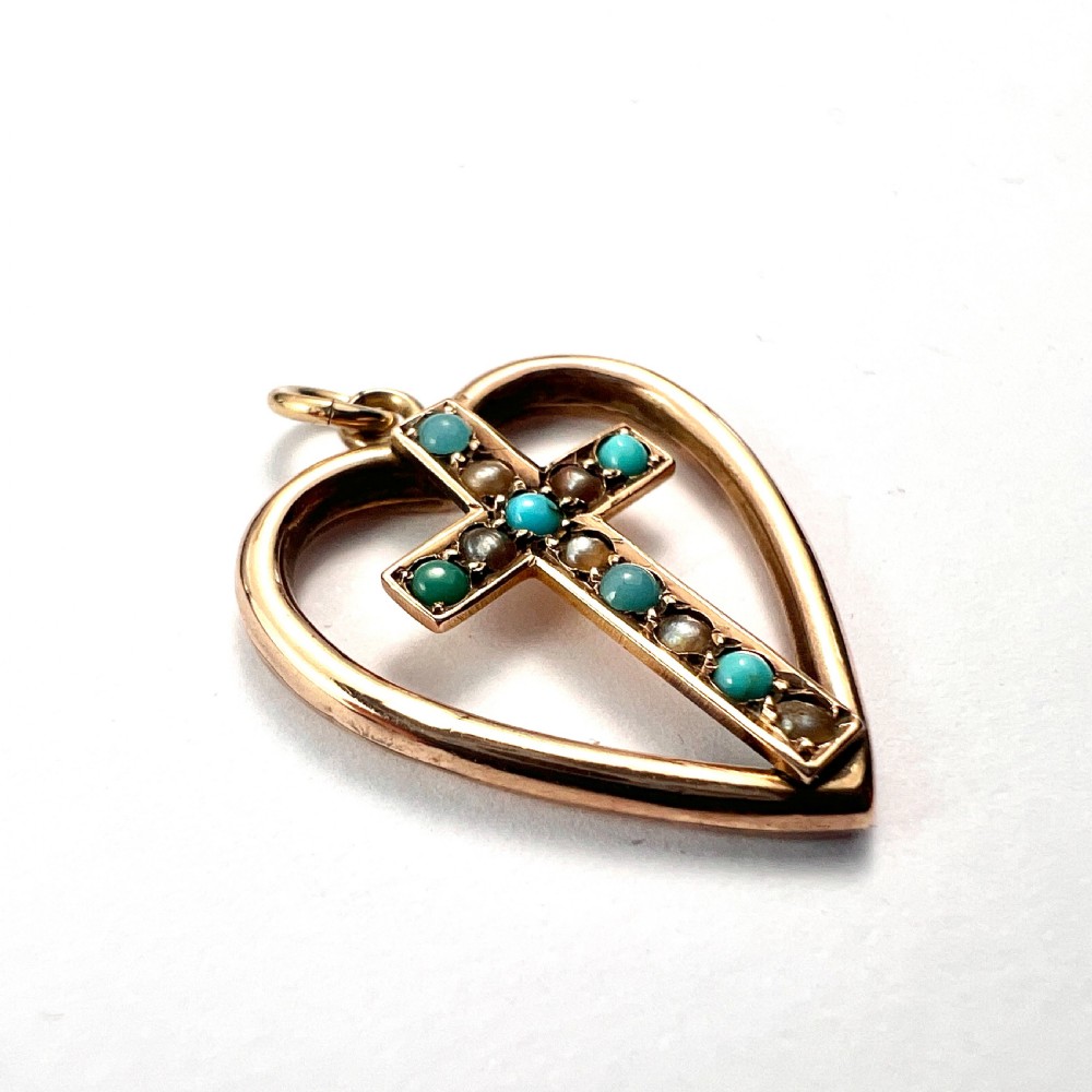 Victorian Turquoise and Pearl Heart Cross Pendant View III