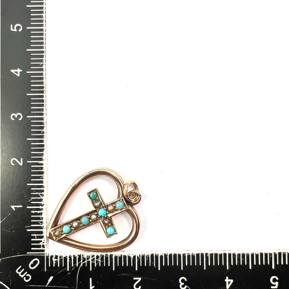 Victorian Turquoise and Pearl Heart Cross Pendant View V