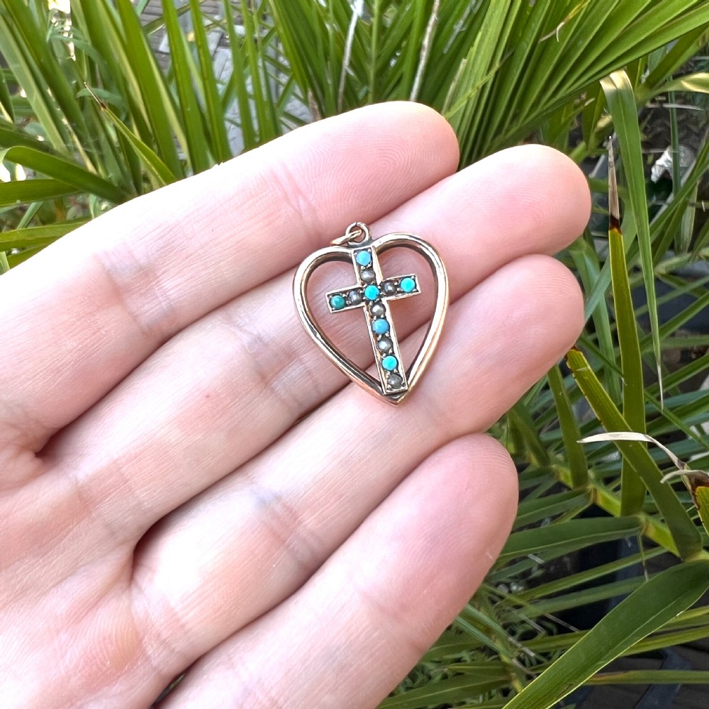 Victorian Turquoise and Pearl Heart Cross Pendant View VI