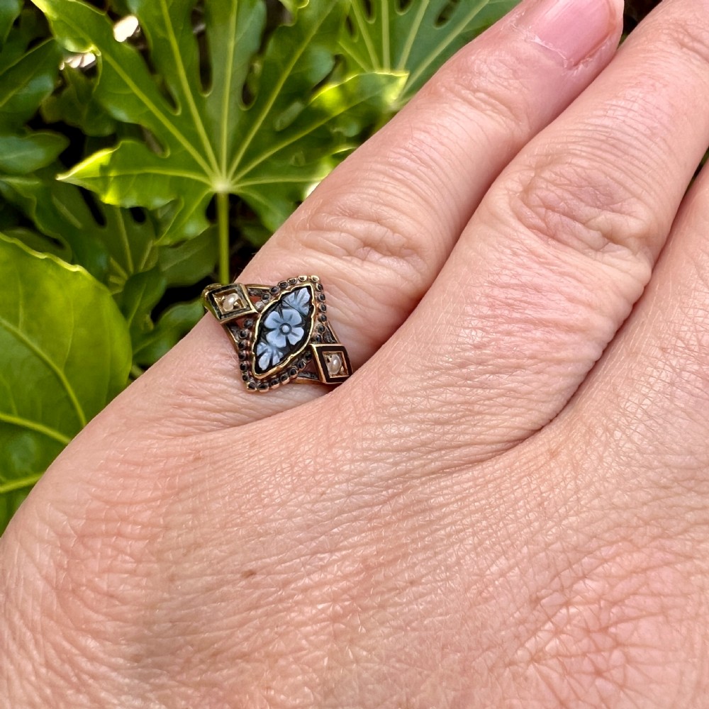 Victorian 18CT Gold Sardonyx and Pearl Memorial Ring View VII