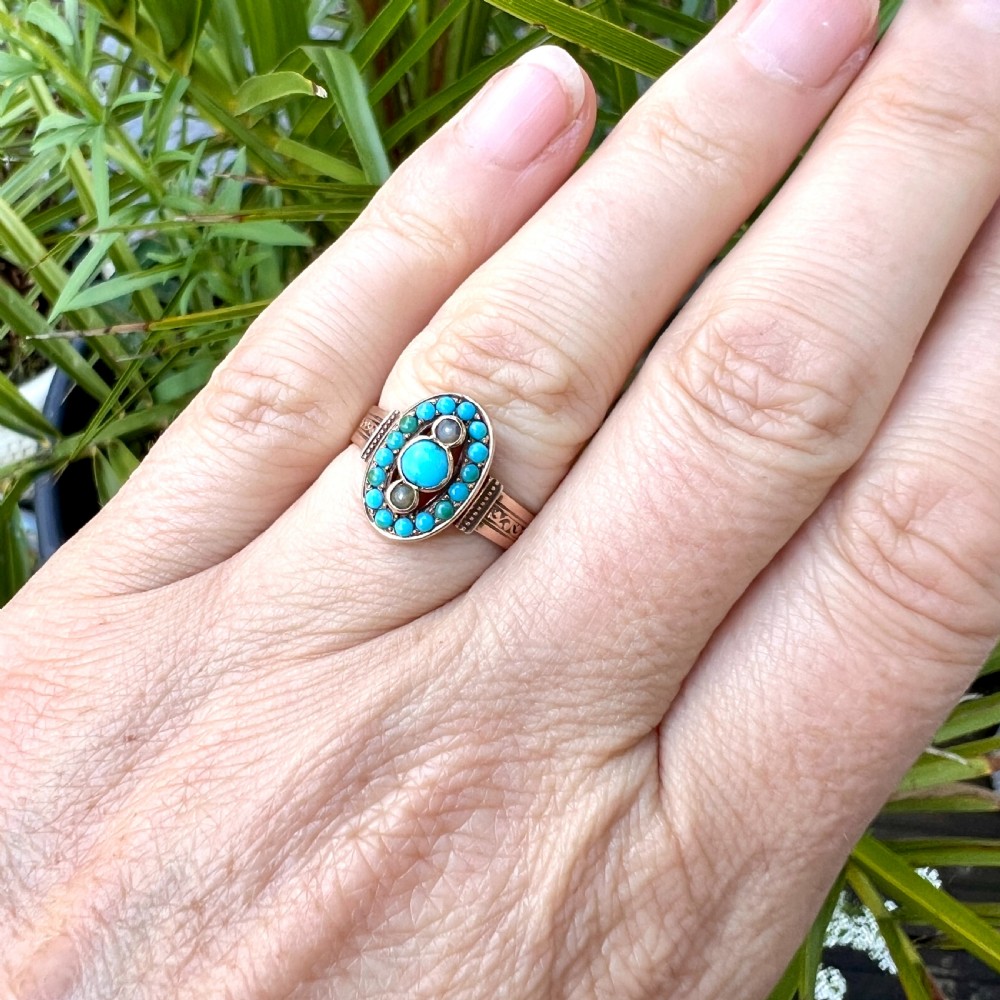 Antique Victorian Turquoise and Pearl Ring 14CT Gold View VII