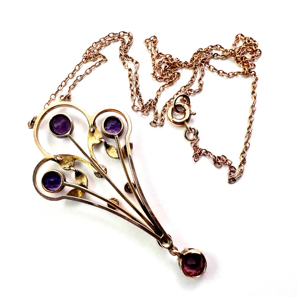 Large Edwardian 9CT Gold Amethyst and Pearl Pendant Necklace
