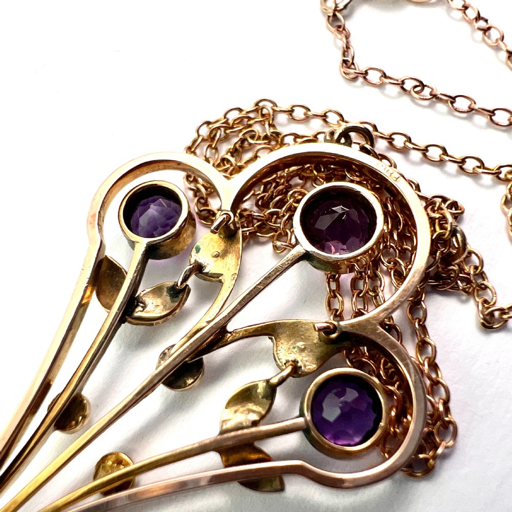 Large Edwardian 9CT Gold Amethyst and Pearl Pendant Necklace View II