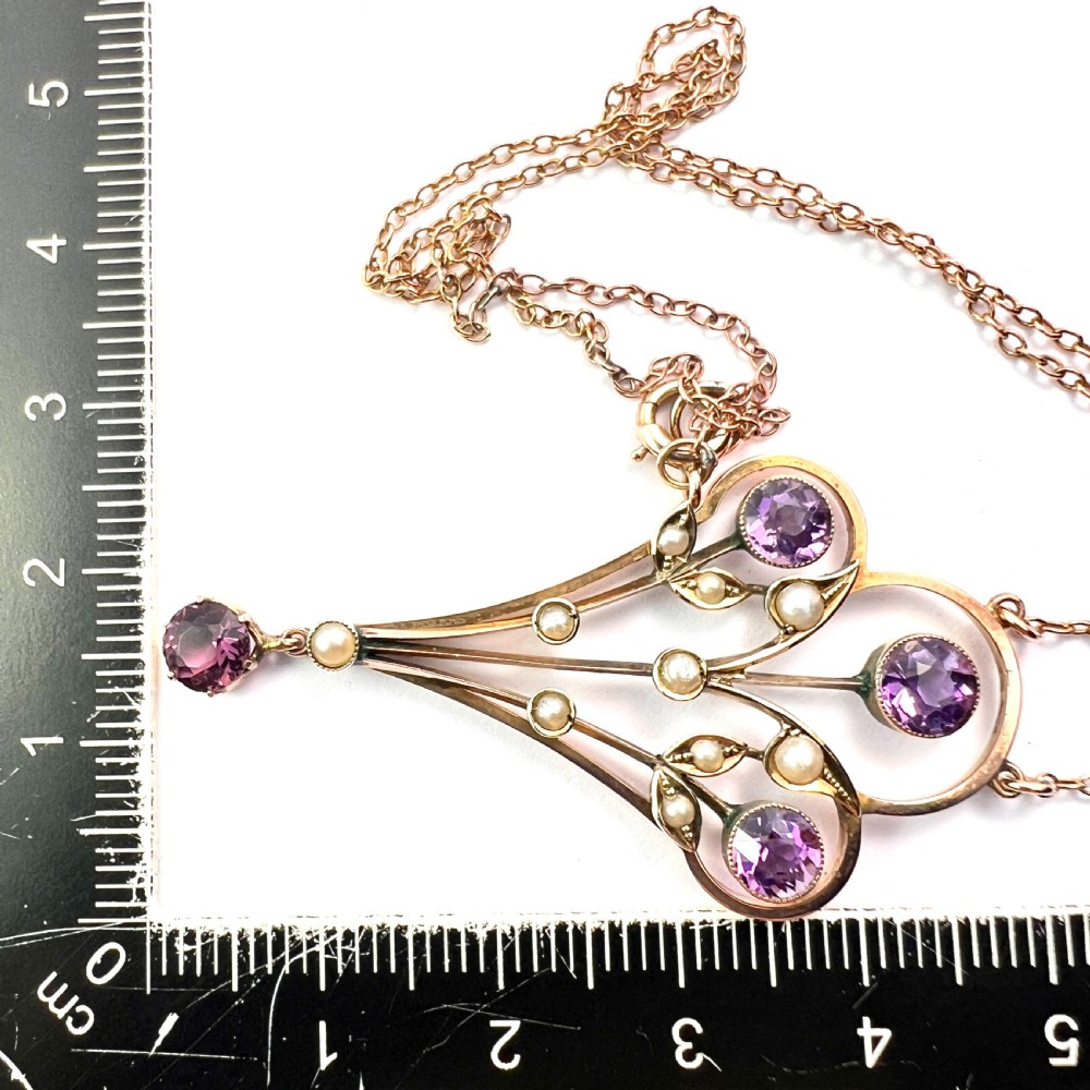 Large Edwardian 9CT Gold Amethyst and Pearl Pendant Necklace View III