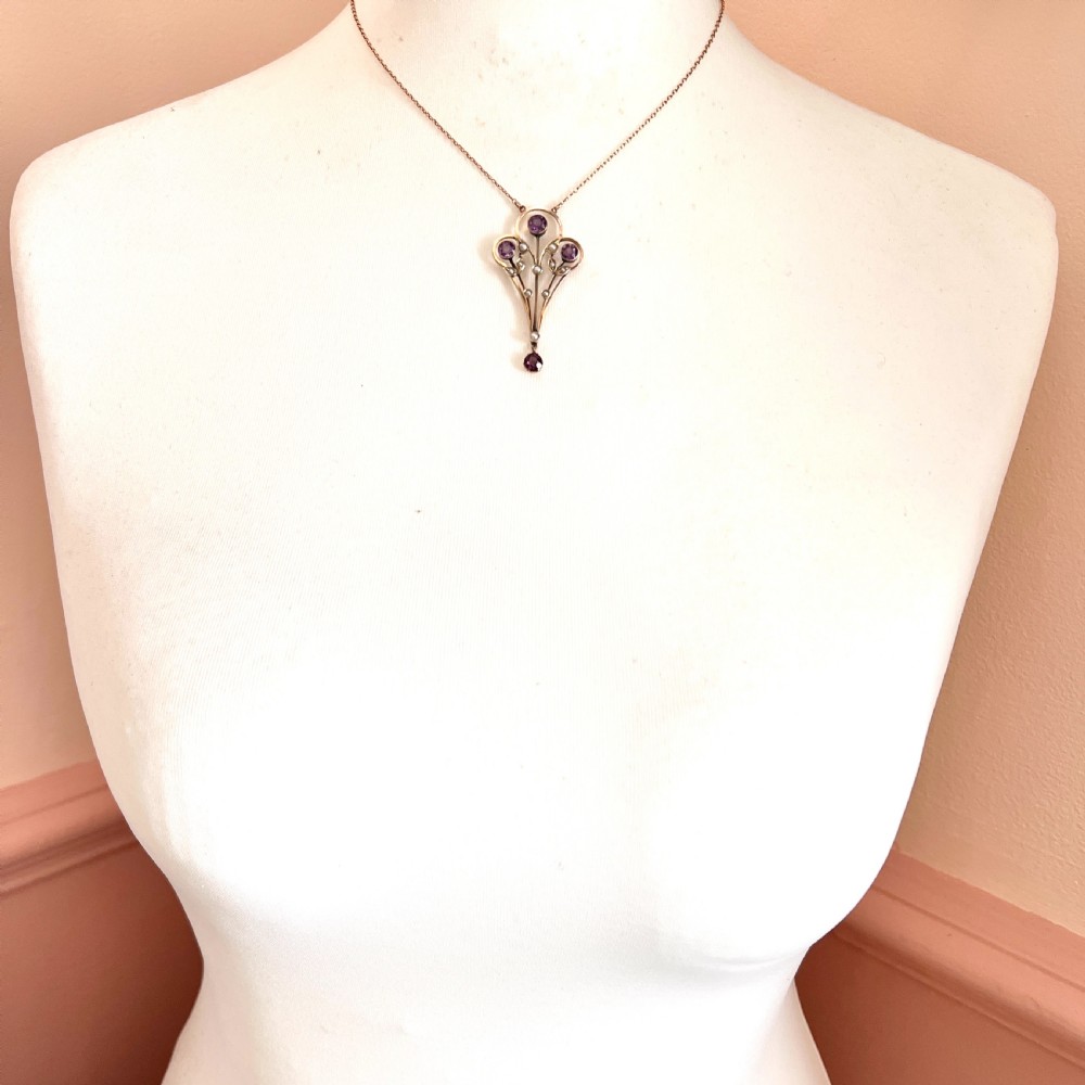 Large Edwardian 9CT Gold Amethyst and Pearl Pendant Necklace View IV