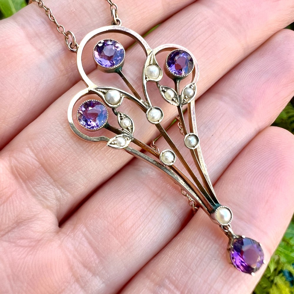 Large Edwardian 9CT Gold Amethyst and Pearl Pendant Necklace View V