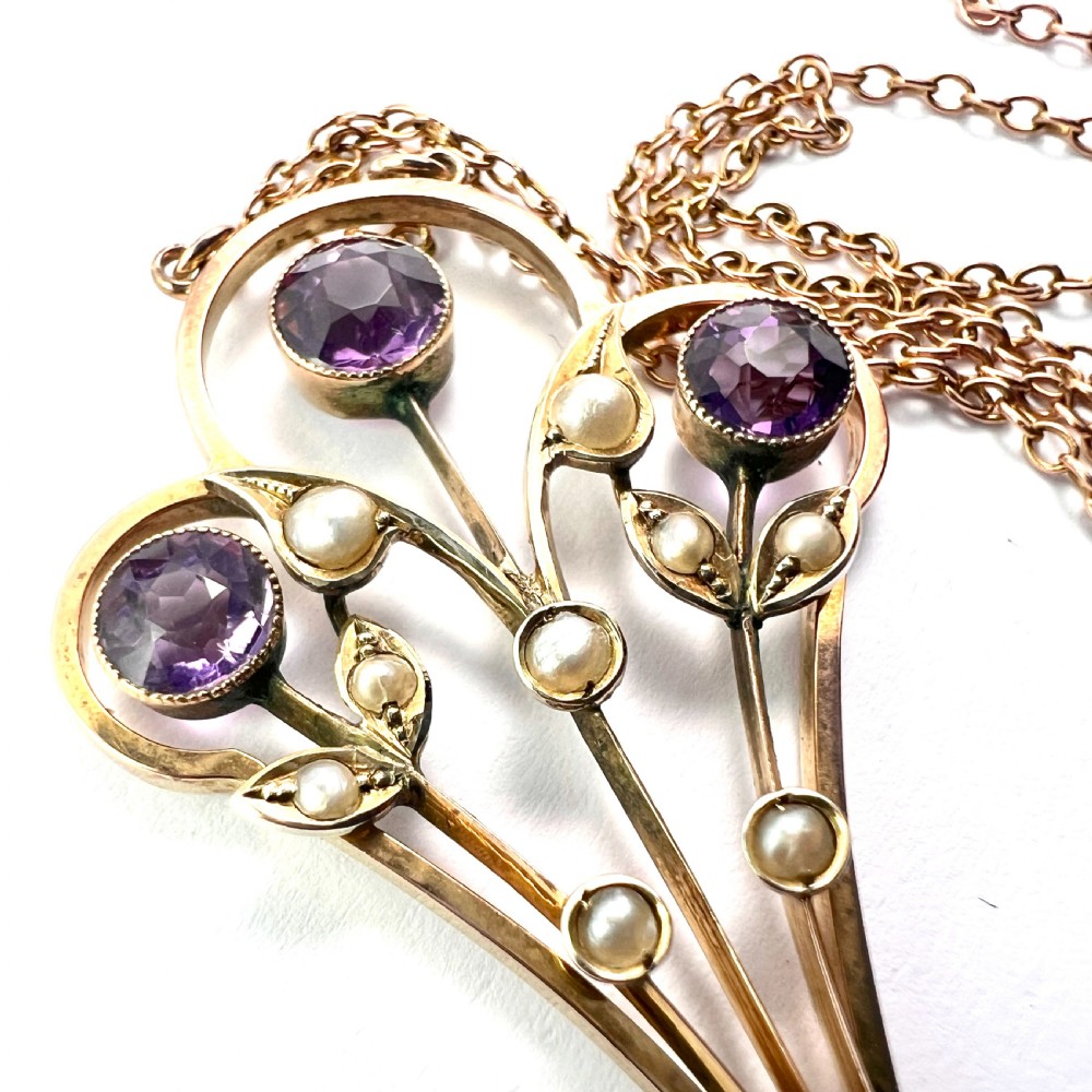 Large Edwardian 9CT Gold Amethyst and Pearl Pendant Necklace View VI