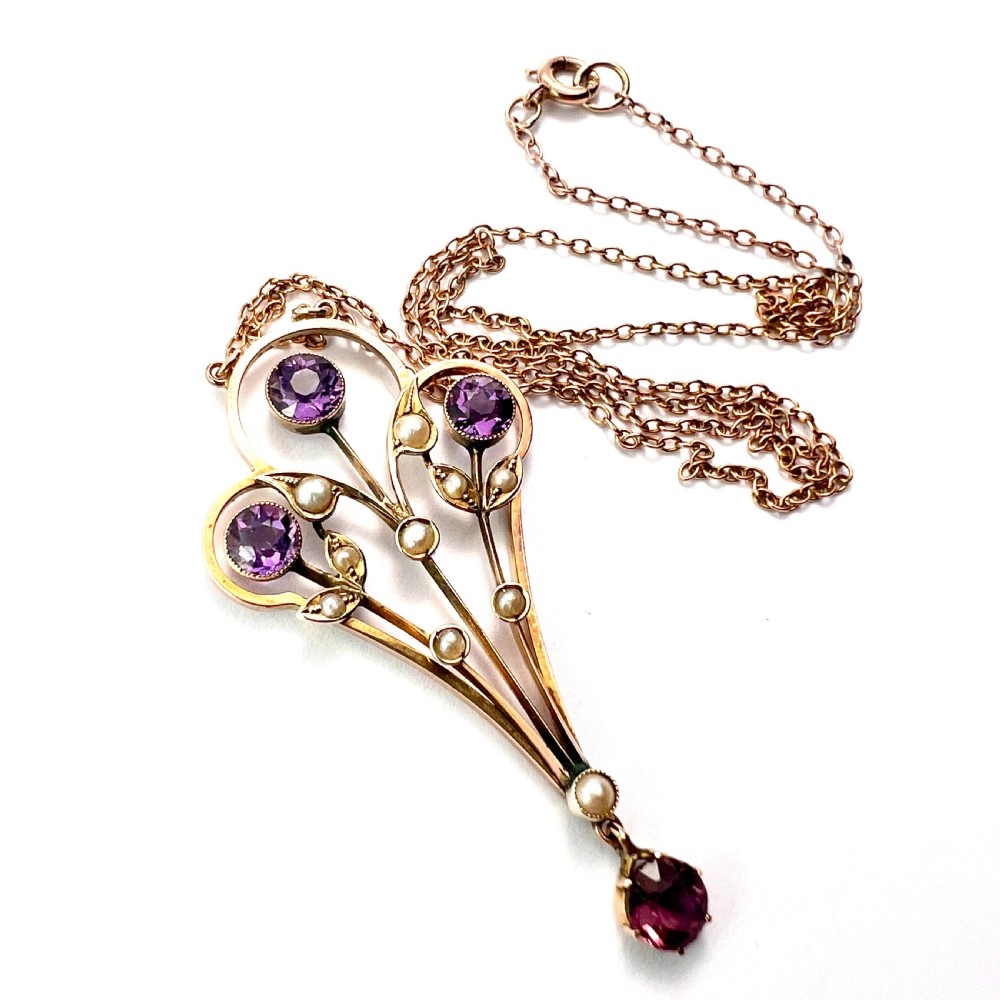 Large Edwardian 9CT Gold Amethyst and Pearl Pendant Necklace View VII