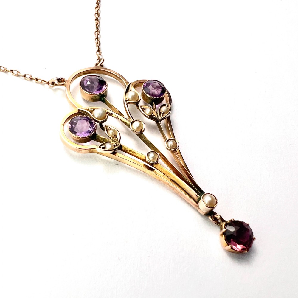 Large Edwardian 9CT Gold Amethyst and Pearl Pendant Necklace View VIII
