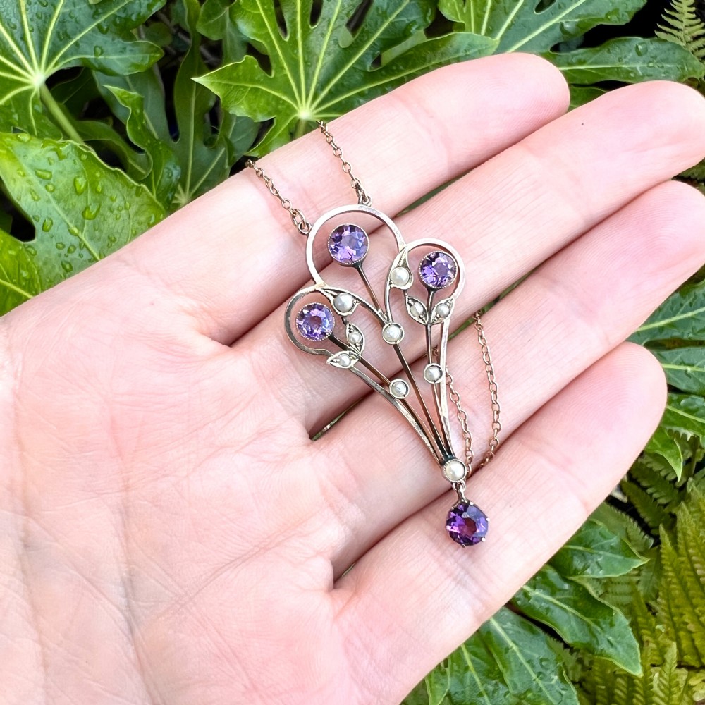 Large Edwardian 9CT Gold Amethyst and Pearl Pendant Necklace View IX