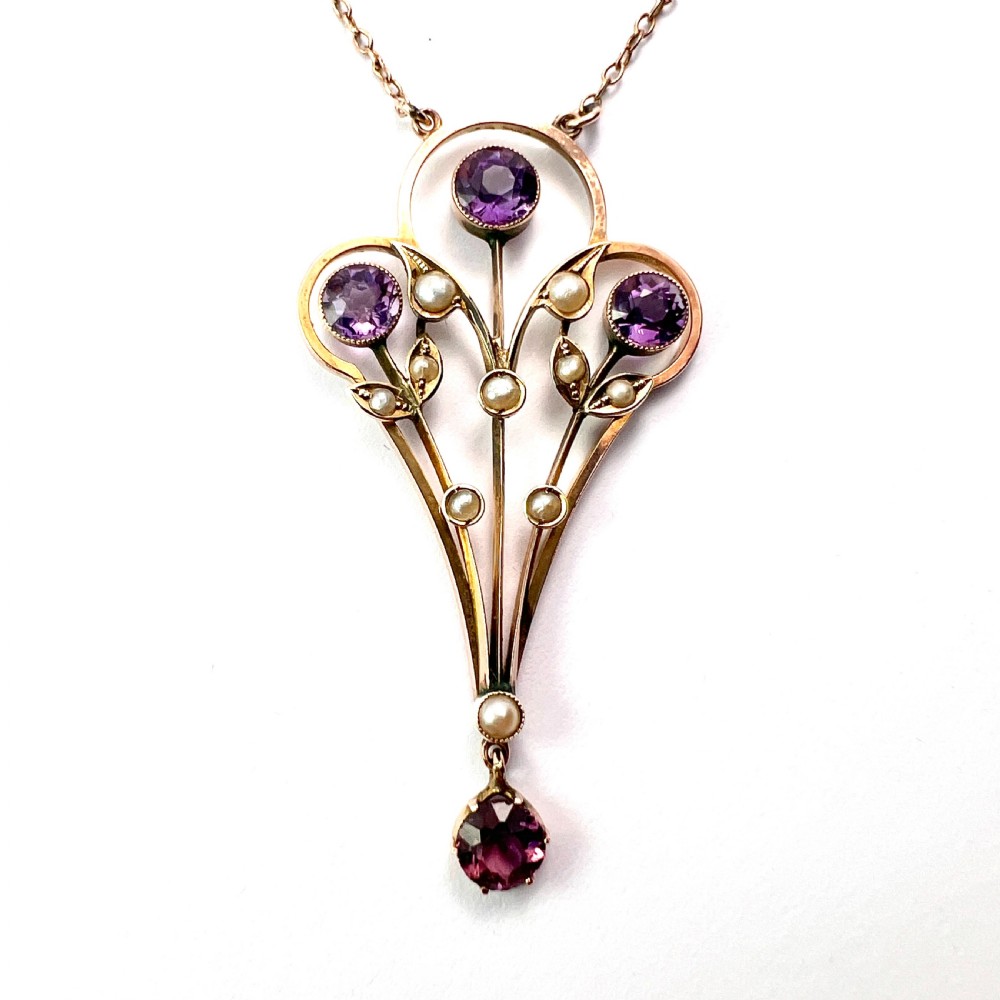 Large Edwardian 9CT Gold Amethyst and Pearl Pendant Necklace View X