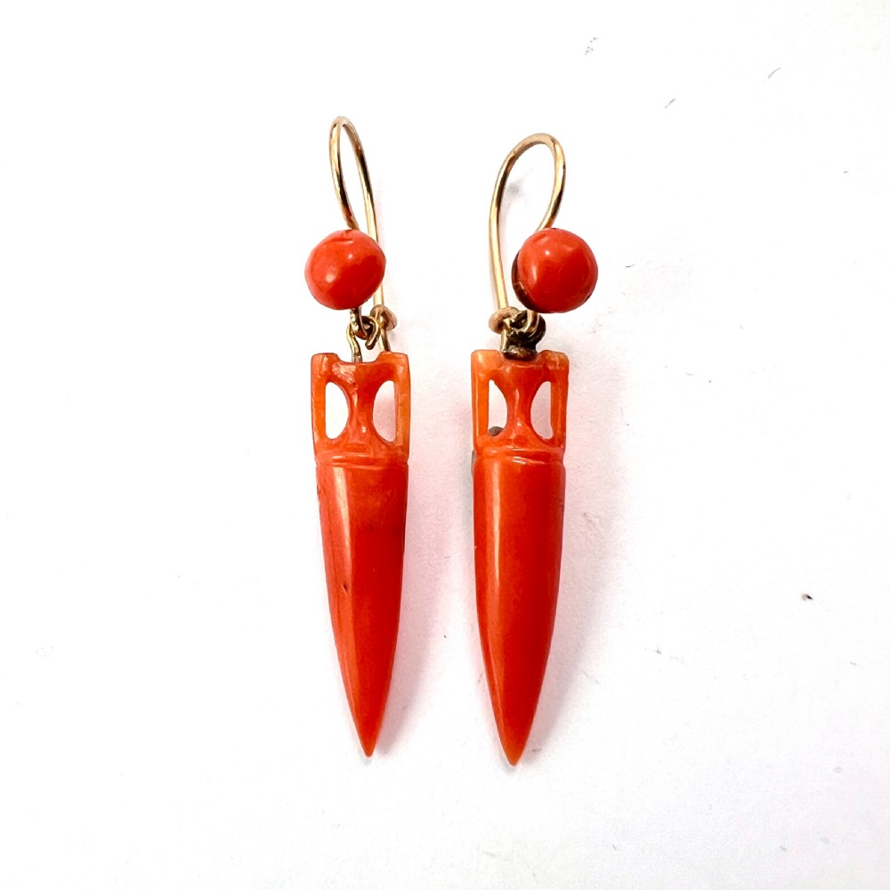 Victorian Coral Drop Gold Earrings View II