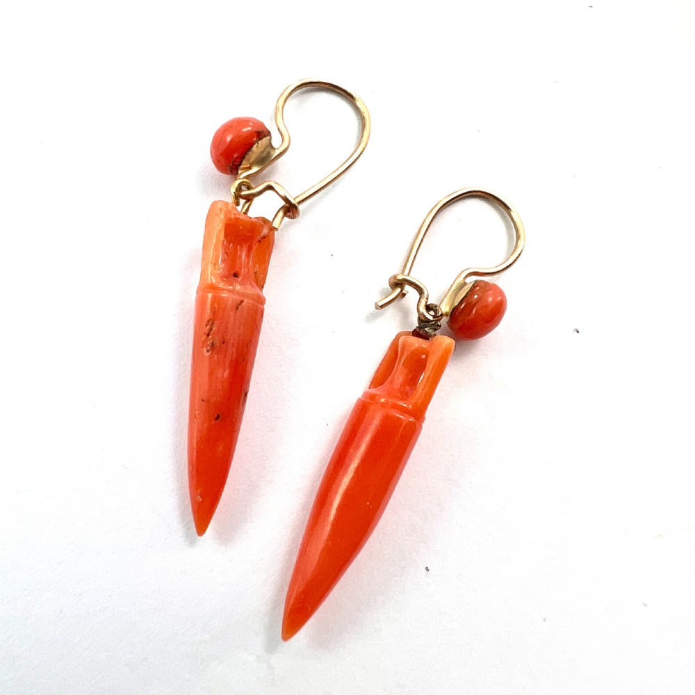 Victorian Coral Drop Gold Earrings View III