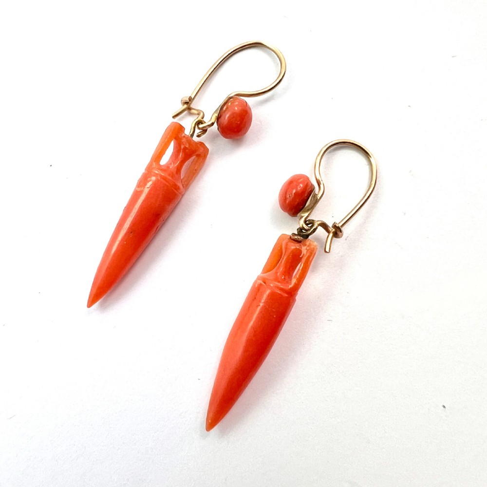 Victorian Coral Drop Gold Earrings View IV