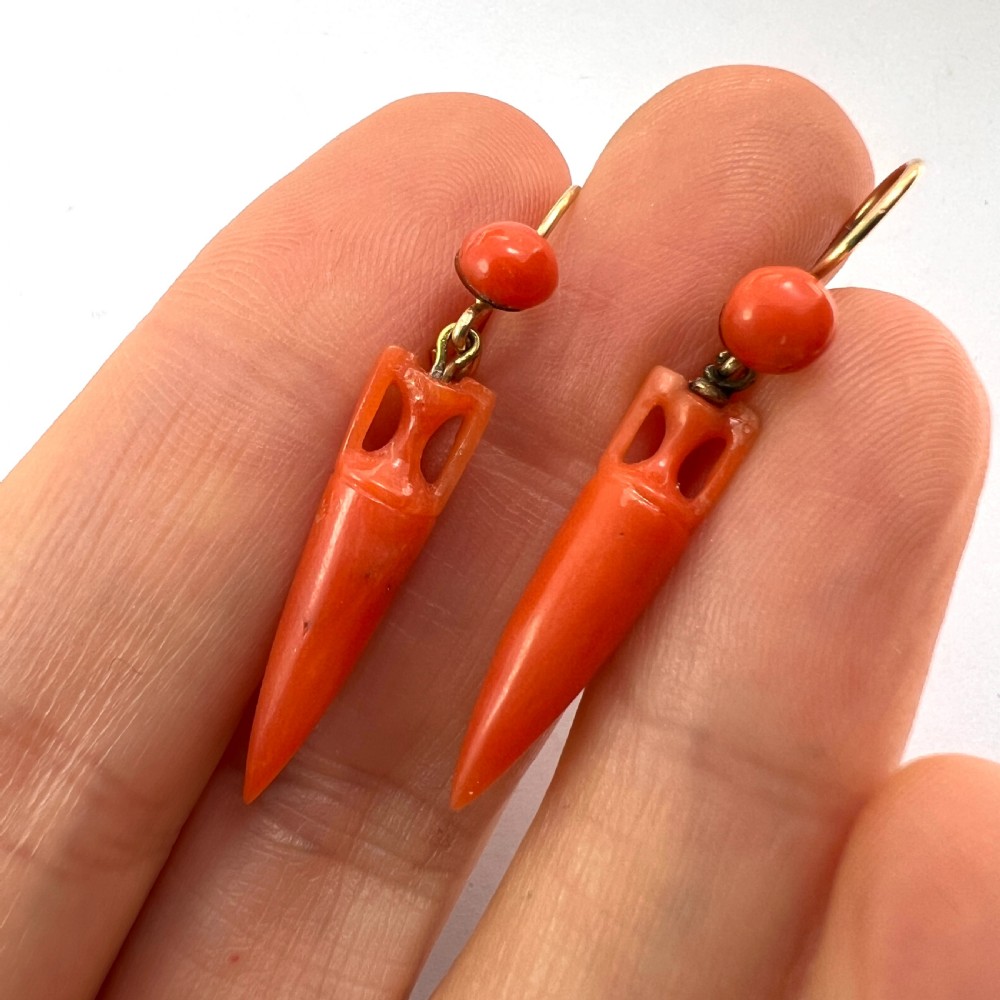 Victorian Coral Drop Gold Earrings View VI